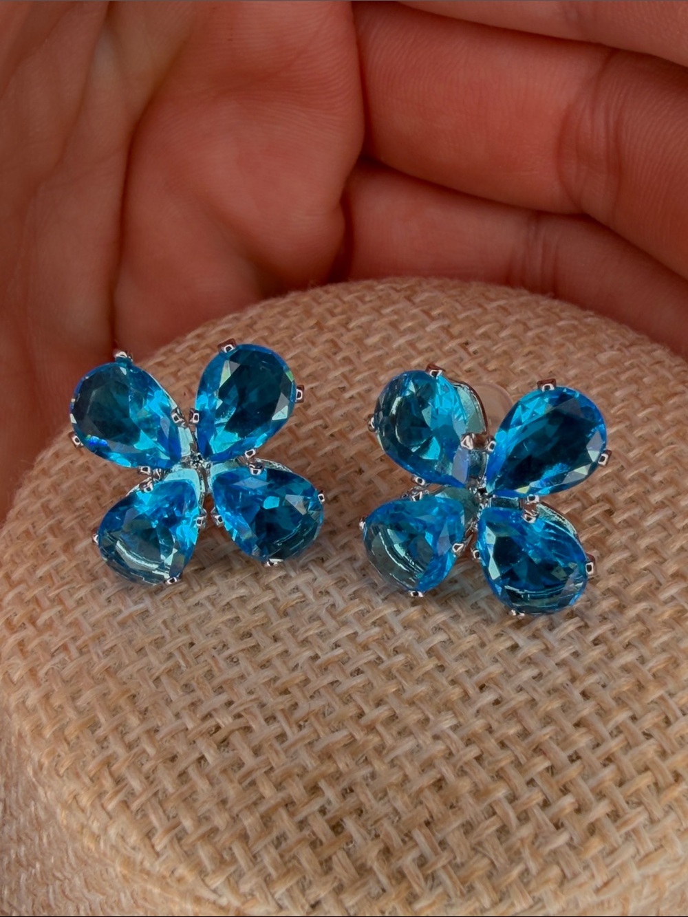 Blue Crystal Floral Stud Earrings - Sparkling Teardrop Petals